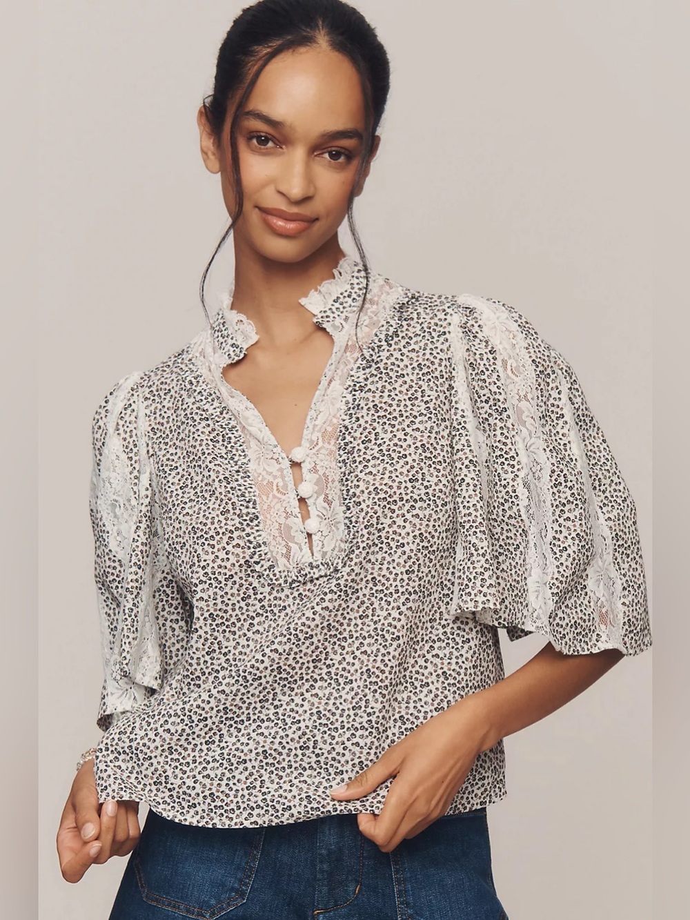 Anthropologie Cape Sleeved Lace Trim Blouse